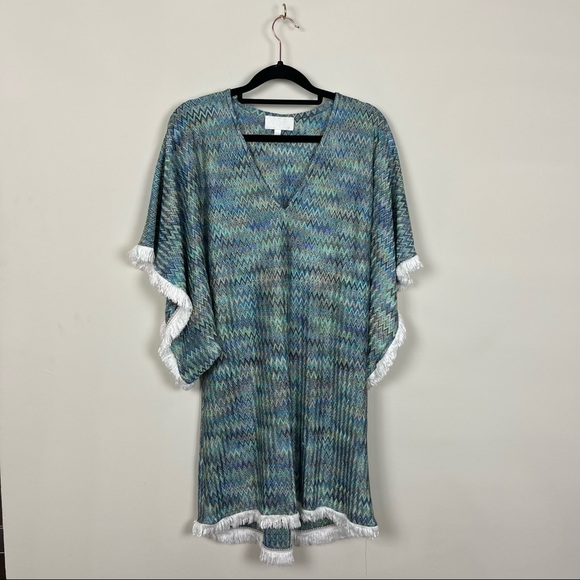 ALEXIS PONCHO COVER UP IN BLUE AND GREEN WITH WHITE FRINGE TRIM SIZE XS/S - Picture 2 of 13
